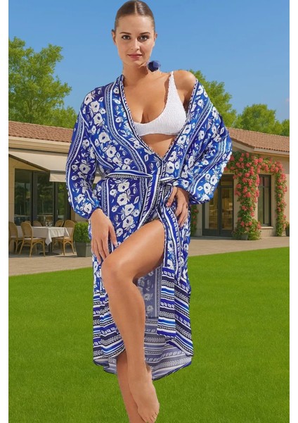 Şifon Kumaşlı Çiçek Desenli Kuşaklı Plaj Elbisesi Uzun Ömürlü Trend Tasarım Kaliteli Işçilik