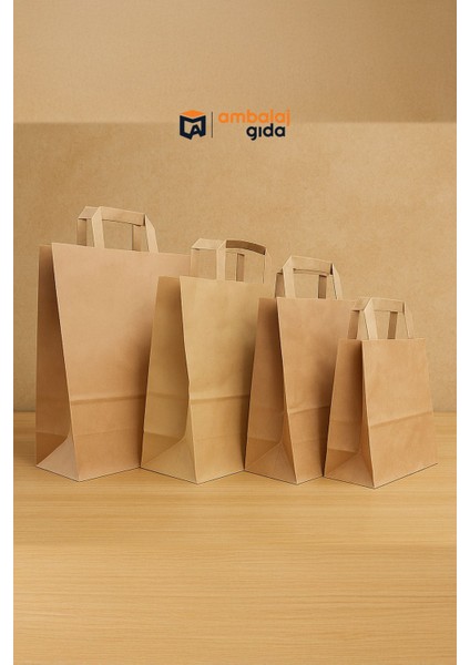 Flat Saplı Kraft Kağıt Çanta 25X28X14 cm - 25 Adet Mağaza Alışveriş Kağıt Poşet Torba Ambalaj