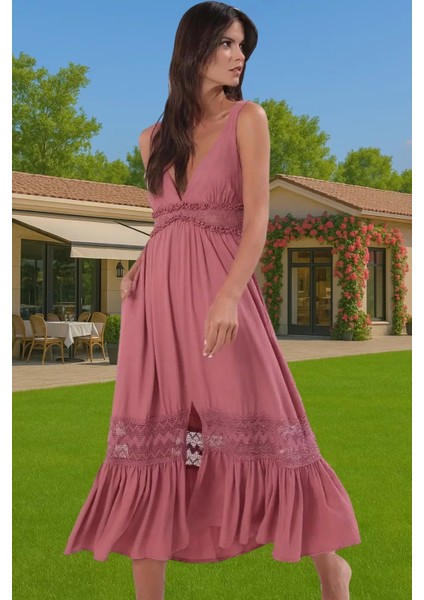 Yazlık Plaj Elbisesi Maxi Boy V Yaka Dokuma Crinkle Rahat ve Şık Modern Stil Mükemmel Uyum
