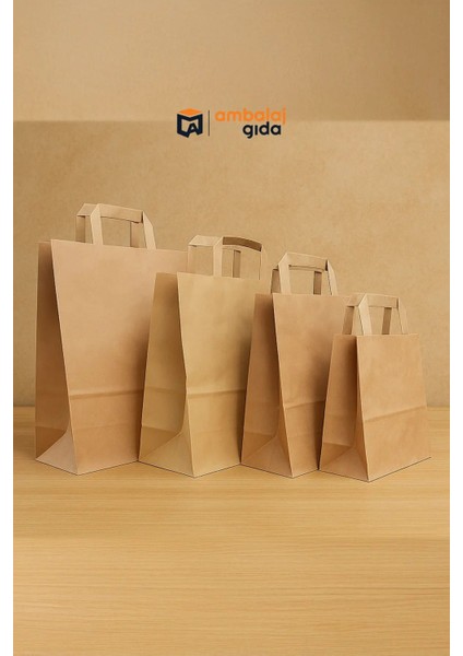 Flat Saplı Kraft Kağıt Çanta 22X28X12 cm - 25 Adet Mağaza Alışveriş Kağıt Poşet Torba Ambalaj