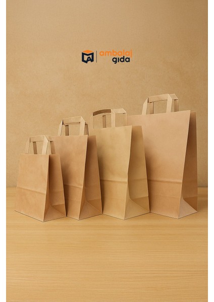 Flat Saplı Kraft Kağıt Çanta 18X24X8 cm - 25 Adet Mağaza Alışveriş Kağıt Çanta Poşet Torba Ambalaj