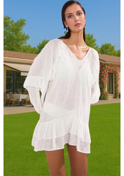 Şık Kadın Bisiklet Yaka Uzun Kollu Volanlı Mini Elbise Yazlık Seçkin Malzeme Dayanıklı Malzeme