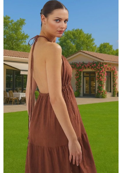 Şık Kadın Yazlık Maxi Elbise Pamuklu Crinkle Dokuma A Line Uzun Ömürlü Günlük Kullanım Için