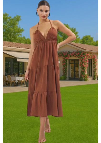 Şık Kadın Yazlık Maxi Elbise Pamuklu Crinkle Dokuma A Line Uzun Ömürlü Günlük Kullanım Için fiyatları