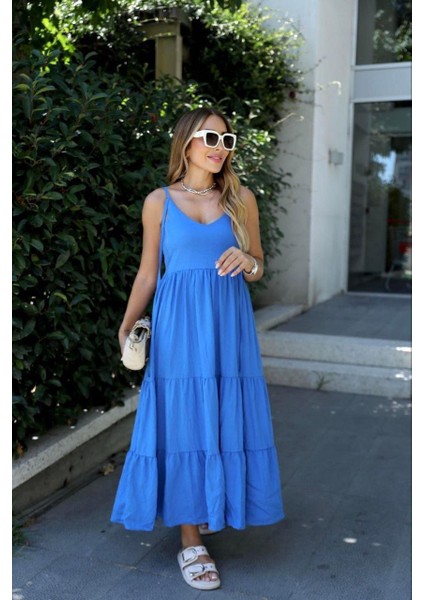 Askılı Mavi Uzun Salaş Kat Kat Keten Elbise