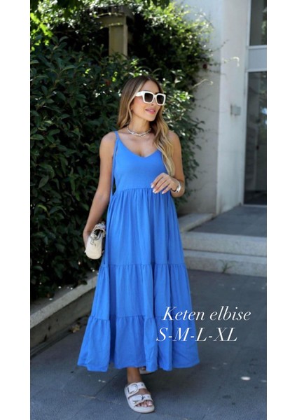 Askılı Mavi Uzun Salaş Kat Kat Keten Elbise modelleri