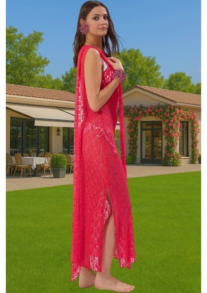 Şık Dantelli Maxi Plaj Elbisesi Örme Kumaş Rahat Yazlık Tasarım Rahat ve Şık Özenle Seçilmiş