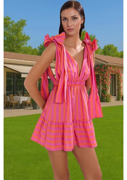 Yazlık V Yaka Bağlamalı Çizgili Mini Pamuk Elbise Dayanıklı Malzeme Kaliteli Işçilik Yüksek Kalite fiyatları