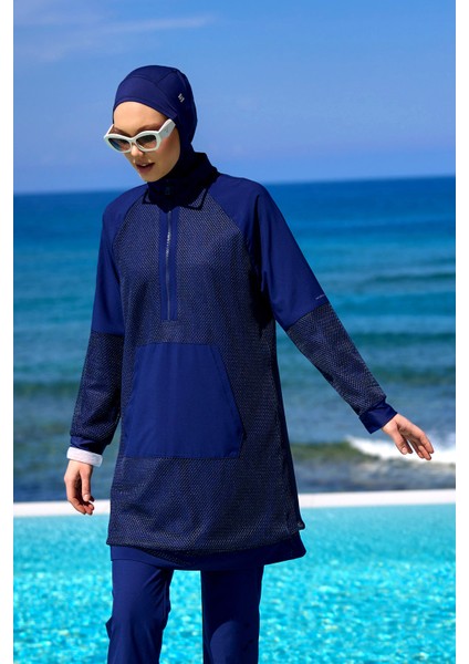 Lacivert Tam Kapalı Tesettür Mayo Tül Detaylı, Hakim Yakalı M2534-2