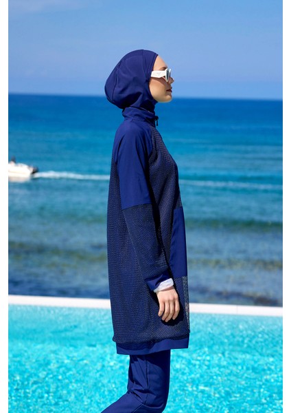 Lacivert Tam Kapalı Tesettür Mayo Tül Detaylı, Hakim Yakalı M2534-2 fiyatları
