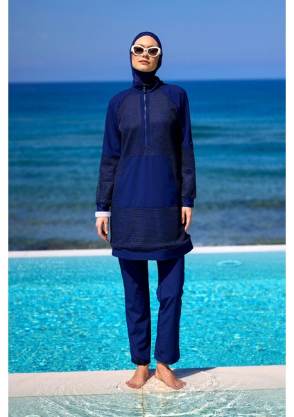 Lacivert Tam Kapalı Tesettür Mayo Tül Detaylı, Hakim Yakalı M2534-2 modelleri