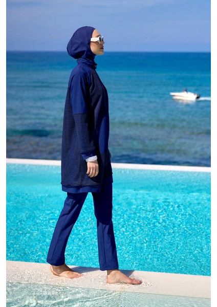 Lacivert Tam Kapalı Tesettür Mayo Tül Detaylı, Hakim Yakalı M2534-2 fırsatları