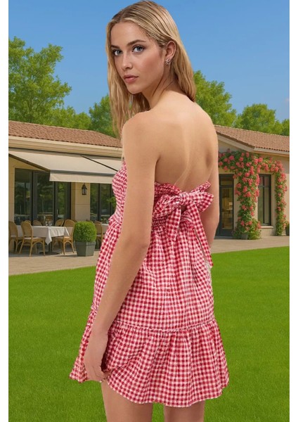 A Line Straplez Kısa Yazlık Elbise Pamuklu Gofre Dokuma Konforlu Kesim Yüksek Kalite Konforlu Kesim