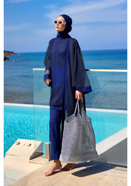 Lacivert Tam Kapalı Tesettür Mayo Tül Detaylı, Hakim Yakalı M2534-2 indirimleri