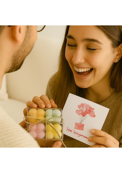 Seni Seviyorum Kartlı Bubble Tasarım Çok Renkli Kokulu Mum 4'lü