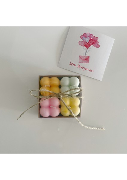 Seni Seviyorum Kartlı Bubble Tasarım Çok Renkli Kokulu Mum 4'lü