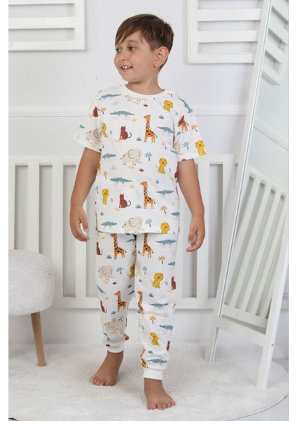 Isob Ekru Hayvanlar Alemi Desenli %100 Pamuk Erkek Çocuk Kısa Kollu Pijama Takımı 3-8 Yaş 41216-E