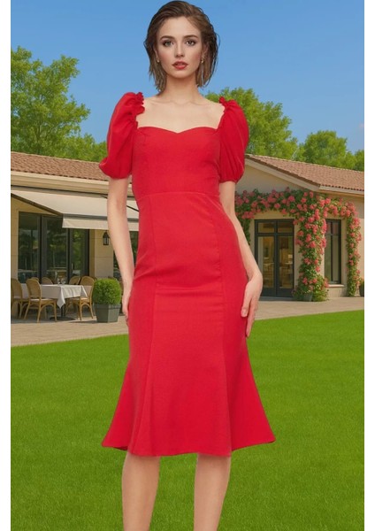 Şık Kalp Yaka Kısa Kollu Polyester Abiye Elbise Premium Kalite Dayanıklı Malzeme Kaliteli Işçilik