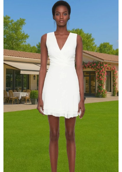 Şifon A Line Kadın Mini Elbise V Yaka Astarlı Yazlık Balo Premium Kalite Uzun Ömürlü Rahat ve Şık fırsatları