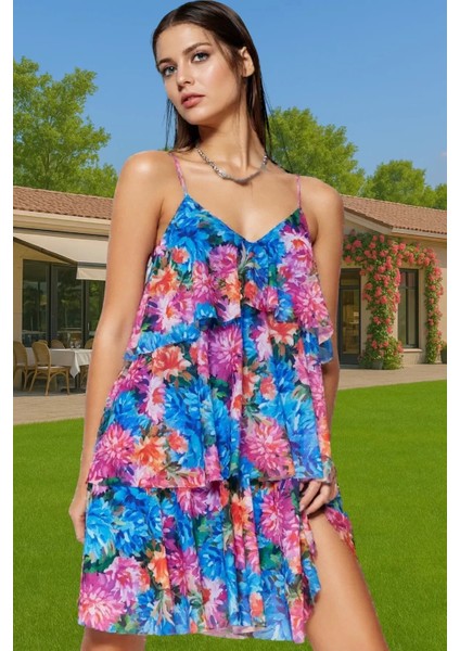 Çiçek Desenli Tül Mini Abiye Elbise Astarlı V Yaka Skater Rahat ve Şık Modern Stil Modern Stil