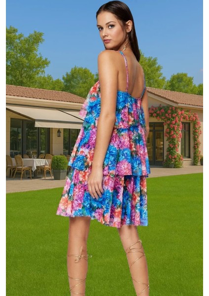 Çiçek Desenli Tül Mini Abiye Elbise Astarlı V Yaka Skater Rahat ve Şık Modern Stil Modern Stil modelleri