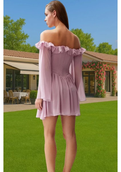 Astarlı Şifon Mini Elbise Carmen Yaka Volanlı Yazlık Özel Tasarım Özenle Seçilmiş Zarifane Tasarım modelleri