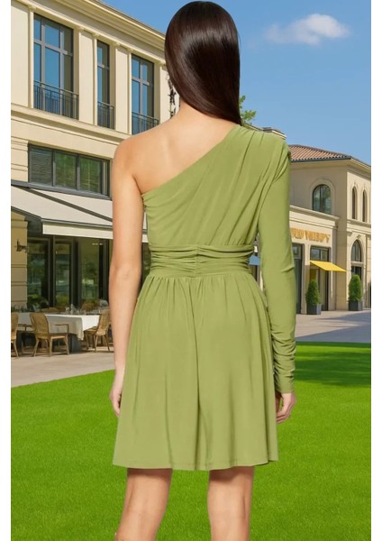 Asimetrik Yaka Tek Kol Uzun Kollu Örme Mini Elbise Polyester Yazlık Uzun Ömürlü Özel Tasarım