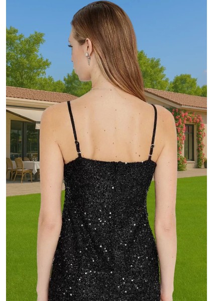 Siyah Örme Payetli Mini Abiye Elbise Otriş Detaylı Mezuniyet Özenle Seçilmiş Modern Stil Modern Stil