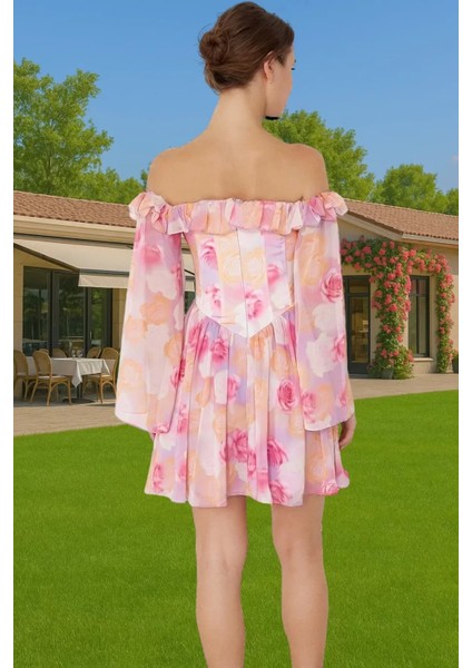 Astarlı Şifon Mini Elbise Carmen Yaka Volanlı Yazlık Özel Tasarım Özenle Seçilmiş Zarifane Tasarım modelleri