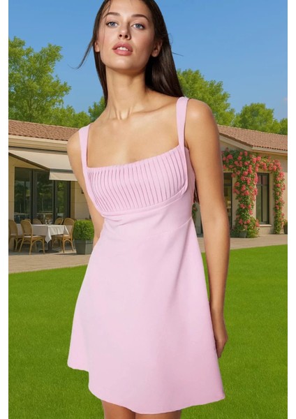 A Line Kolsuz Mini Elbise Polyester Elastan Yazlık Şık Abiye Trend Tasarım Yüksek Kalite Uzun Ömürlü