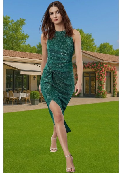 Vücuda Oturan Örme Midi Abiye Elbise Payetli Halter Yaka Tasarım Özenle Seçilmiş Uzun Ömürlü