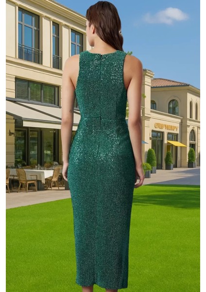 Vücuda Oturan Örme Midi Abiye Elbise Payetli Halter Yaka Tasarım Özenle Seçilmiş Uzun Ömürlü modelleri