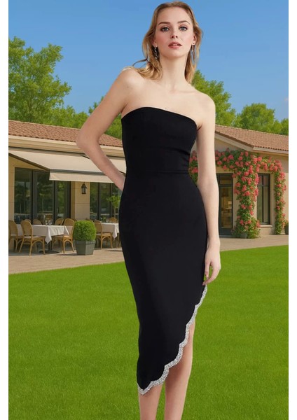 Straplez Taş Detaylı Bodycon Midi Abiye Elbise Premium Kalite Dayanıklı Malzeme Özenle Seçilmiş