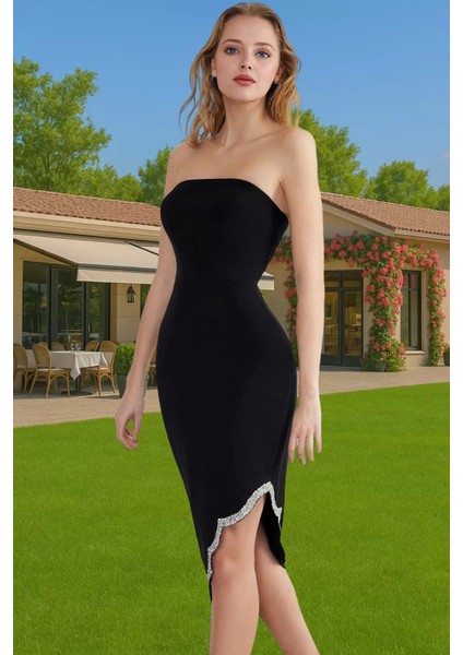 Straplez Taş Detaylı Bodycon Midi Abiye Elbise Premium Kalite Dayanıklı Malzeme Özenle Seçilmiş fiyatları