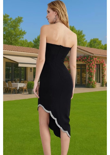 Straplez Taş Detaylı Bodycon Midi Abiye Elbise Premium Kalite Dayanıklı Malzeme Özenle Seçilmiş modelleri