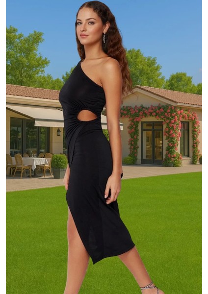 Şık Tek Omuz Midi Abiye Elbise Cut Out Detayı ile Polyester Kumaş Özel Tasarım Özel Tasarım