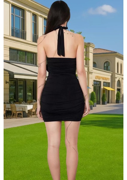 Vücudu Saran Kısa Örme Abiye Elbise Halter Yaka Tasarım Premium Kalite Modern Stil Rahat Kullanım