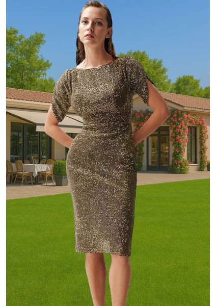 Şık Bodycon Abiye Elbise Payet Işlemeli Polyester Karışımlı Midi Boy Seçkin Malzeme