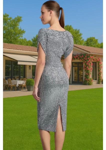 Şık Bodycon Abiye Elbise Payet Işlemeli Polyester Karışımlı Midi Boy Seçkin Malzeme
