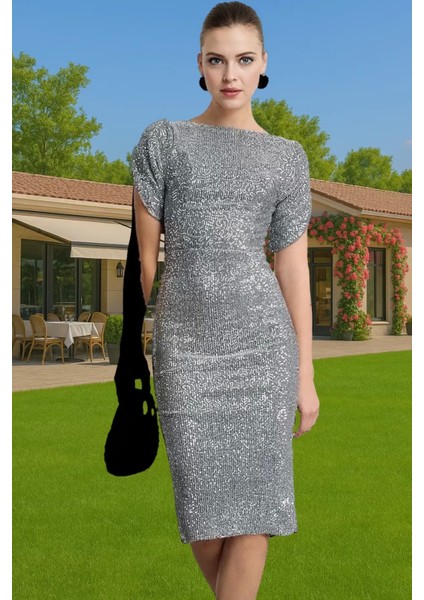 Şık Bodycon Abiye Elbise Payet Işlemeli Polyester Karışımlı Midi Boy Seçkin Malzeme