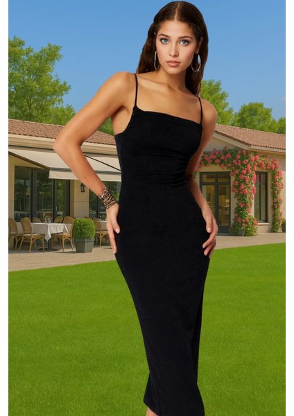 Askılı Bodycon Midi Elbise Simli Örme Polyester Karışımlı Özel Tasarım Seçkin Malzeme Premium Kalite