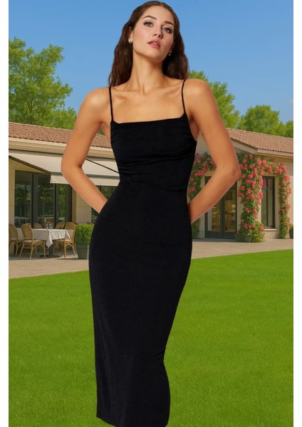Askılı Bodycon Midi Elbise Simli Örme Polyester Karışımlı Özel Tasarım Seçkin Malzeme Premium Kalite