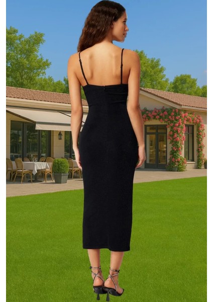 Askılı Bodycon Midi Elbise Simli Örme Polyester Karışımlı Özel Tasarım Seçkin Malzeme Premium Kalite