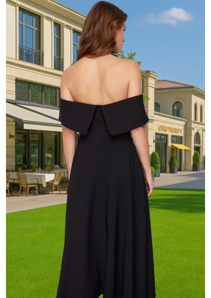 Şık Carmen Yaka A Kesim Midi Abiye Elbise Polyester Elastan Rahat Kullanım Dayanıklı Malzeme modelleri