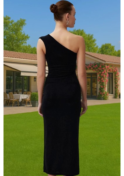 Şık Parıltılı Simli Bodycon Elbise Asimetrik Yaka Tasarım Modern Stil Şık Görünüm Modern Stil modelleri