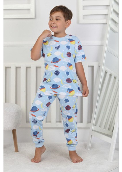 Isob Mavi Gezegenler Desenli %100 Pamuk Erkek Çocuk Kısa Kollu Pijama Takımı 3-8 Yaş 41217-M