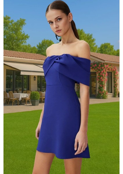 Kadın Yazlık Kısa Elbise Skater Kalıp Carmen Yaka Polyester Elastan Mini Elbise Konforlu Kesim