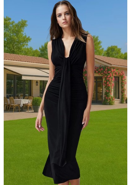 Vücudu Saran Midi Örme Abiye Elbise Şık Tasarım Polyester Elastan Modern Stil Rahat ve Şık