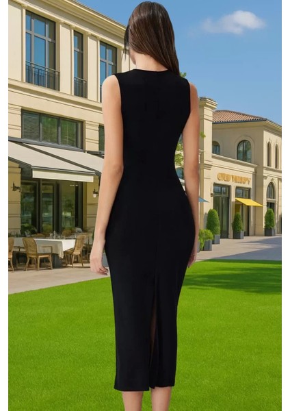 Vücudu Saran Midi Örme Abiye Elbise Şık Tasarım Polyester Elastan Modern Stil Rahat ve Şık