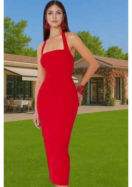 Kadın Bodycon Midi Elbise Kare Yaka Finike Dokuma Yazlık Şık Elbise Trend Tasarım Yüksek Kalite